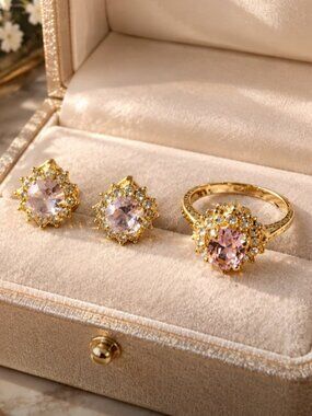 Gold Tone Pink Crystal Halo Stud Earrings and Ring Set -  Stainless Steel